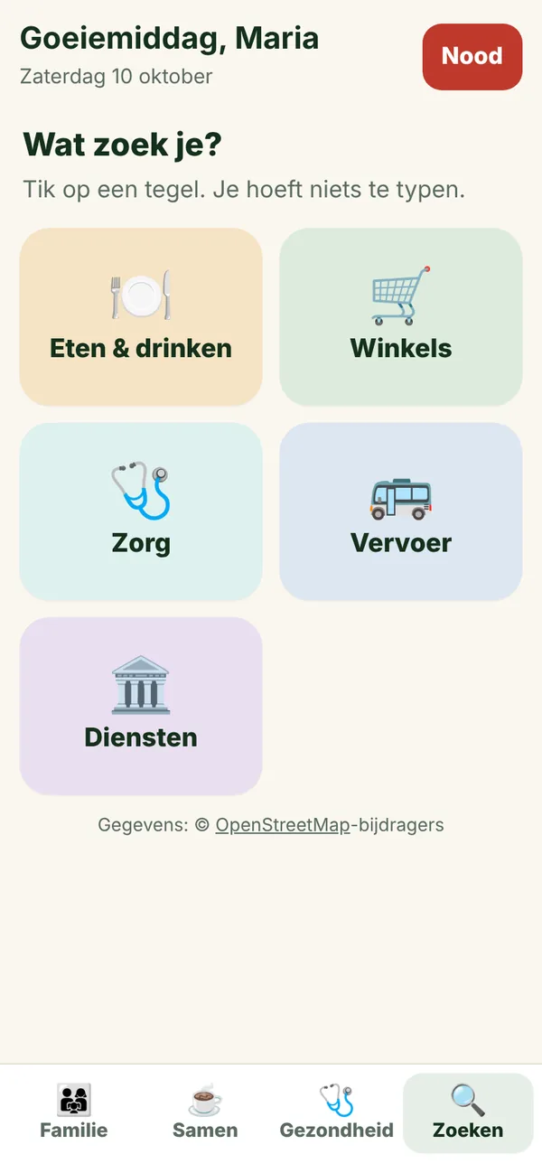 Zoeken in Vivolia: grote tegels voor eten, winkels, zorg, vervoer en diensten, zonder te typen